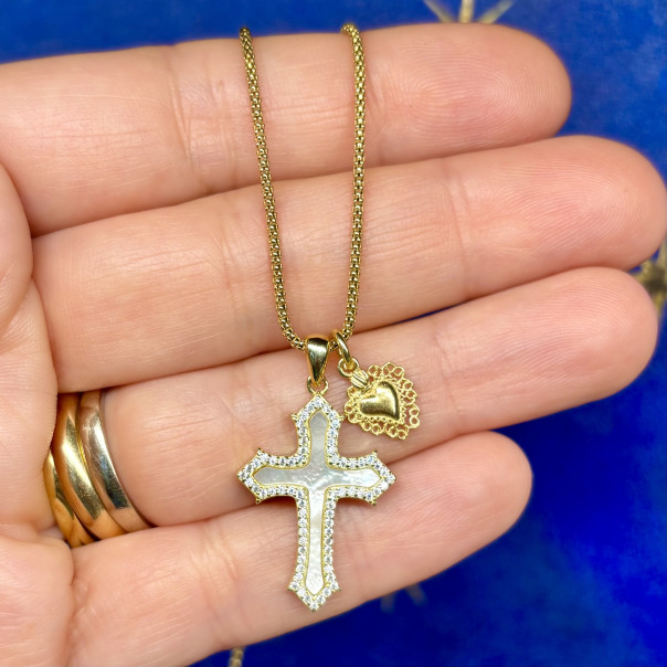 Mother of pearl and heart cross necklace