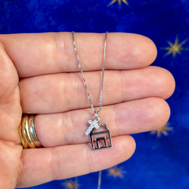 "The Living House" silver necklace, silver and gold chains