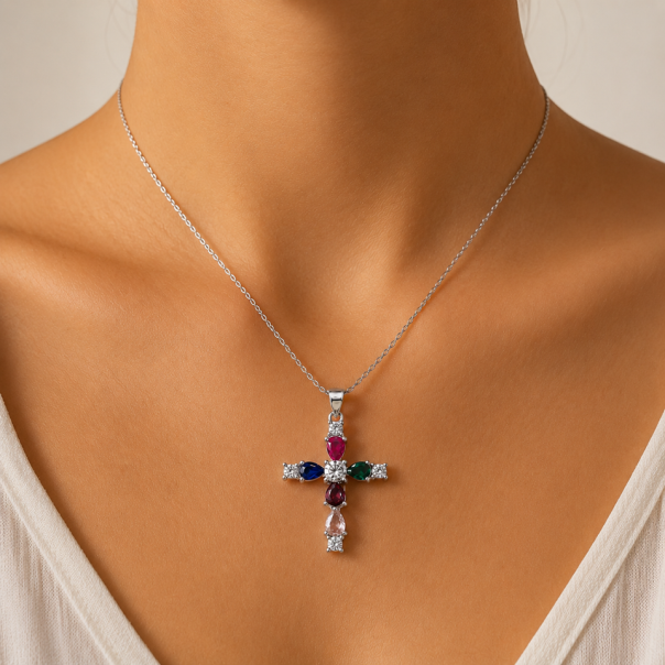Small multicolor zirconia cross necklace