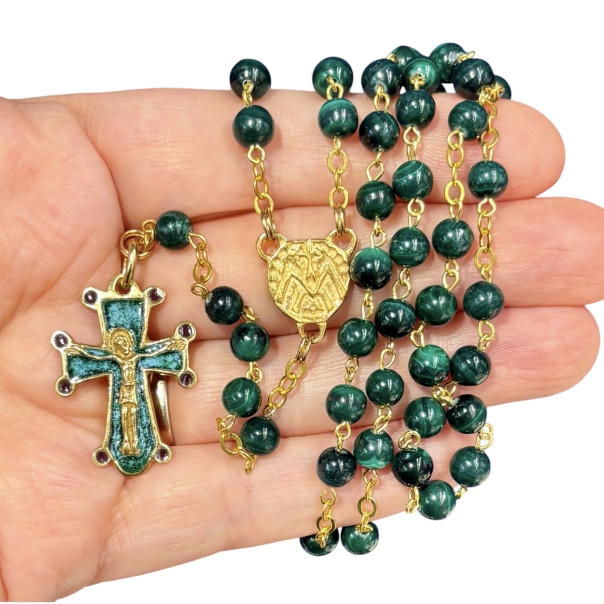 Rosario in malachite e bronzo dorato