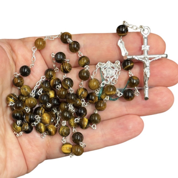 Silver rosary and tiger's eye