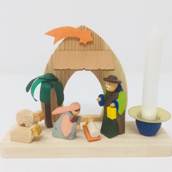 Nativity wooden crib with candle
